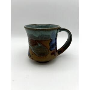 Art Pottery Green Blue Brown Swirl Glaze 10 oz. Ceramic Mug Cup With Handle